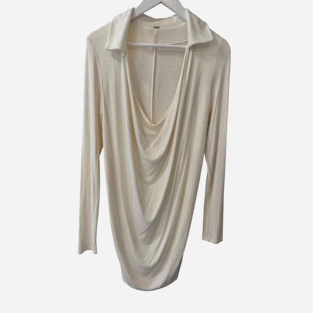 Free People Ribbed Cream Cowl Drape Neck Fitted Stretch Mini Dress size M